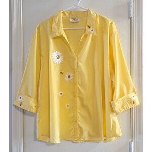 VTG Tia Designs Yellow Blouse Embroidered Daisy Bumblebee Cottagecore Granny M